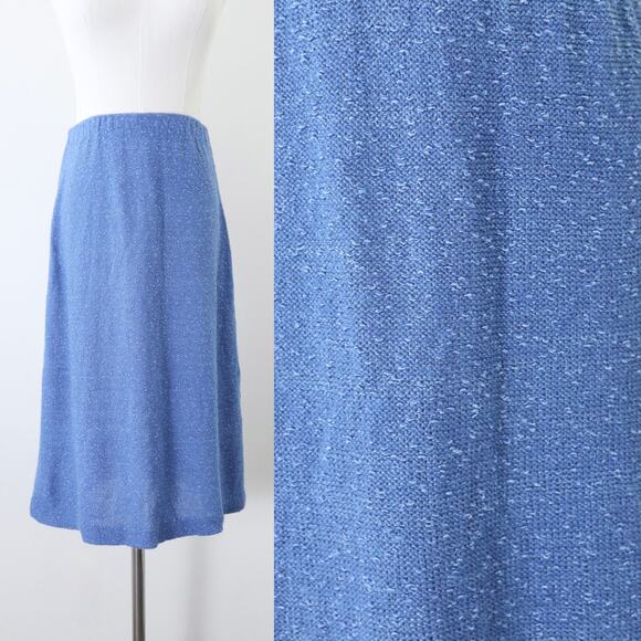 Vintage 1970s It's Pure Gould Nubby Knit Midi Skirt Blue Elastic Waist - Picture 1 of 9